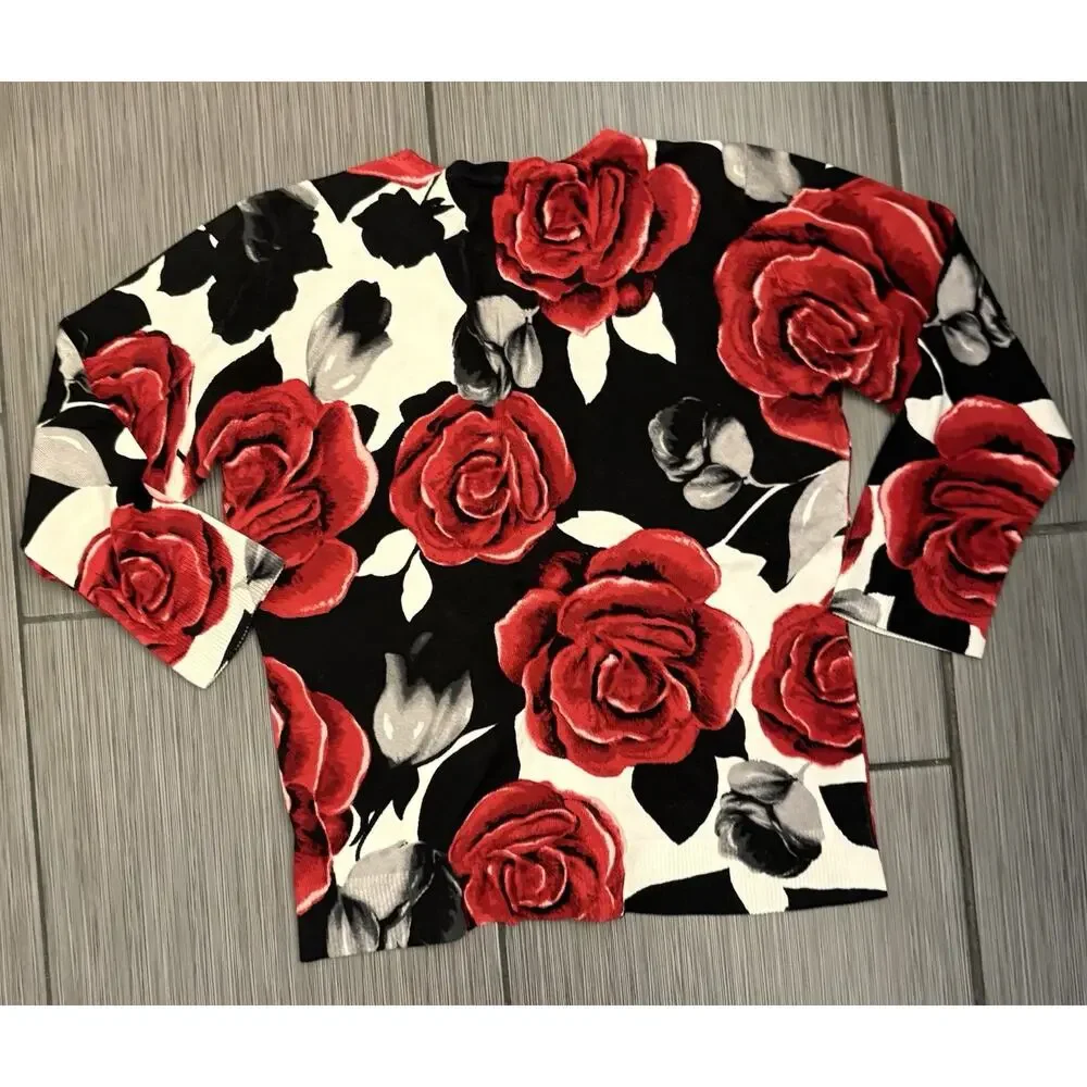 White House Black Market Bold Red Rose Patterned Cardigan Ruffle Size Small
